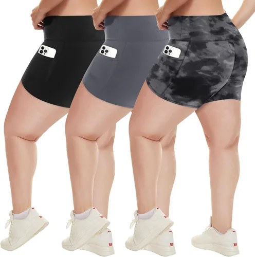 Vista 25 de HLTPRO 3 Pack Plus Size Biker Shorts for Women, Pocket & No-Pocket Options Negro/Beige Rosa/ Gris