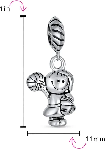 Vista 5 de Bling Jewelry Dibujos animados personalizados animadora jugador de fútbol colgante abalorio para mujer oxidado plata esterlina .925 ajuste pulsera