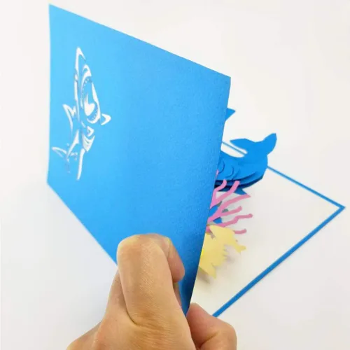 Vista 3 de Tarjeta desplegable de tiburón blanco, tarjeta de felicitación emergente 3D – Tarjeta desplegable de cumpleaños en el océano, felicitaciones