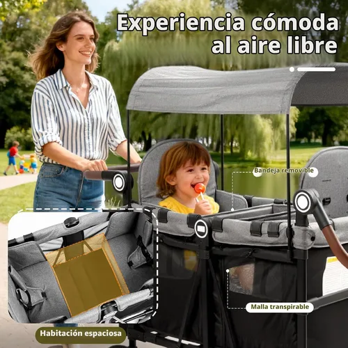 Vista 5 de Kinder King Cochecito Wagon para 2 niños, rueda absorbente de golpes, negro Negro&gris