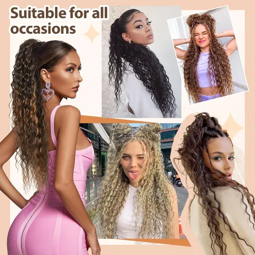 Vista 4 de Flufymooz Extensión de cola de caballo, 22 pulgadas, estilo bohemio, con cordón, extensiones de cabello para mujer, cola de caballo larga, rizada