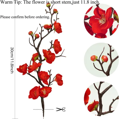 Vista 2 de LIUCOGXI 4 ramos de flores artificiales rojas de seda con ramas de flor de ciruelo de tacto real, sin tallo para mesa, ramo de boda, decoración