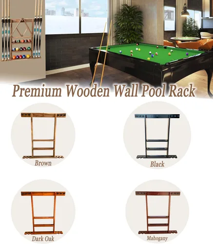 Vista 6 de Soporte de pared para tacos de billar de madera maciza para 6 tacos con almacenamiento completo de bola, 4 soportes para tacos, estantes de bolas