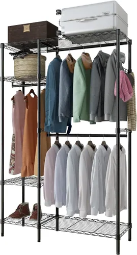 Vista 6 de Percheros de alambre para colgar ropa con ruedas, perchero resistente con 3 estantes, percheros móviles de metal para colgar ropa con barra
