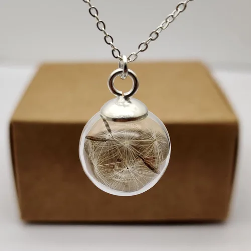 Vista 2 de Collar de cadena de plata de ley 925 con colgante de bola de cristal de flor real de diente de león Make a Wish para mujer, hecho a mano