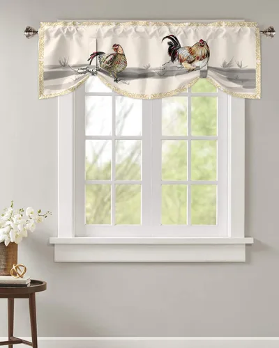 Vista 2 de Cenefas de amarre de gallo de granja para ventanas, cocina, baño/dormitorio, pintura de pollo de granja rústica, cenefa ajustable para ventana