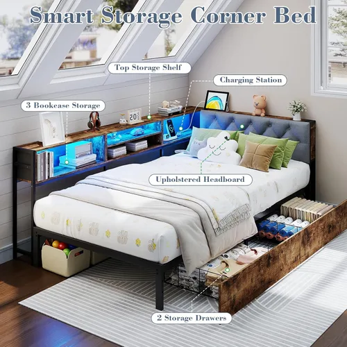 Vista 5 de Doltoro Marco de Cama de Esquina Individual con Estantería de Almacenamiento y Luces LED, Cama Diván Tamaño Individual con 2 Cajones de Gris
