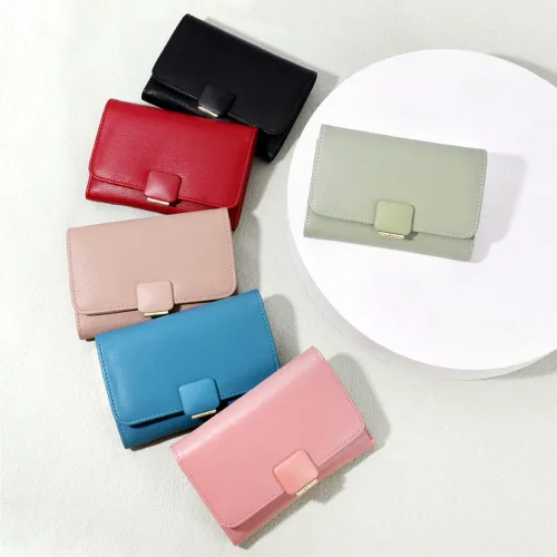 Vista 9 de Cartera pequeña para mujer, tarjetero de piel sintética, bloqueo RFID, con triple pliegue, sobre con cremallera, monedero, rosa ( B - Pink ), Moda