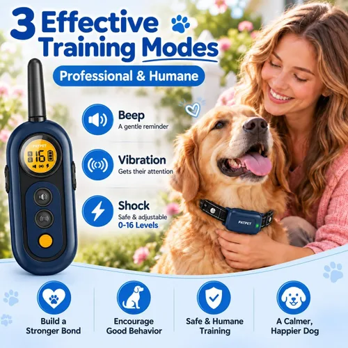 Vista 4 de PATPET Collar de entrenamiento para perros con control remoto, collar de choque impermeable IPX7 de 2000 pies, 4 modos