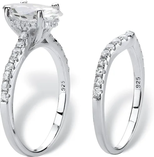 Vista 2 de PalmBeach Jewelry - Juego de anillos de novia de plata de ley chapada en platino con circonita cúbica ovalada o marquesa, Metal, Zirconia cúbica