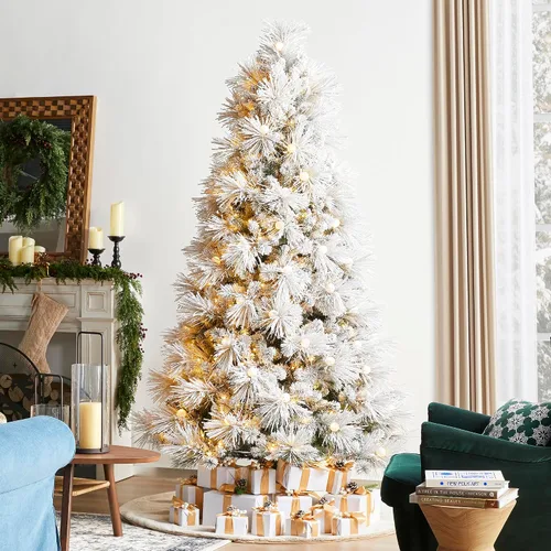 Vista 3 de Glitzhome Árbol de Navidad artificial preiluminado de 7.5 pies con 650 luces LED blancas cálidas, 3 modos de iluminación y pedal de pie, diseño