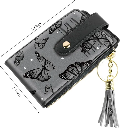 Vista 3 de Cartera delgada con bloqueo RFID para mujer, cartera de cuero con múltiples tarjetas, cartera plegable con borla, bolsillo con cremallera