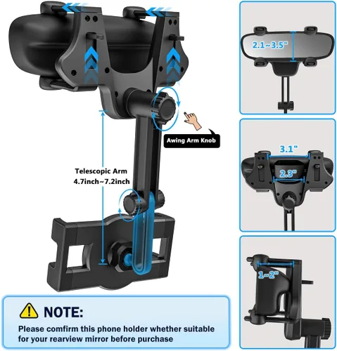 Vista 4 de Soporte para tablet para espejo retrovisor para coche y camión, giratorio y retráctil Rear View Mirror Clip Phone Tablet Holder Upgraded 4 Corners