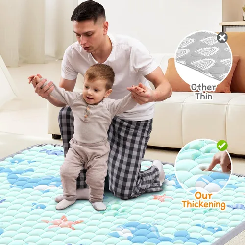 Vista 4 de Tapete de juego para bebés de 47 x 47 pulgadas, tapetes acolchados y gruesos para corral para bebés, tapetes de juego para bebés y niños pequeños