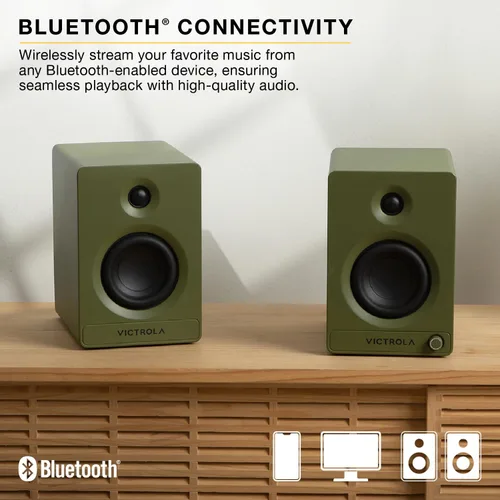 Vista 6 de Victrola - Tocadiscos Bluetooth completamente automático con cartucho Audio Technica ATN3600L y Victrola Tempo – Parlantes de estantería Bluetooth