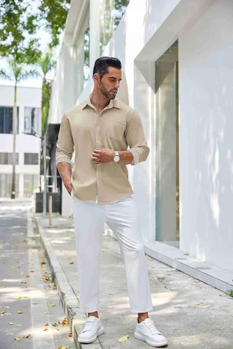 Vista 7 de COOFANDY Camisa de lino con botones para hombre, de manga larga, informal, para playa, con bolsillo