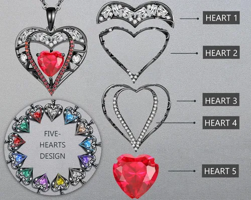 Vista 101 de Collar de cristal de 5 corazones, chapado en oro rosa de 18 quilates, colgante con cadena de plata de ley 925 de 18 + 2 pulgadas, joyería de piedra