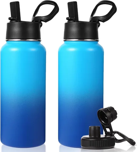 Vista 10 de Neihepal Botella de agua aislada de 32 onzas con 2 tapas (tapa con pajilla y boquilla), botellas de agua de doble pared de acero inoxidable 18/8