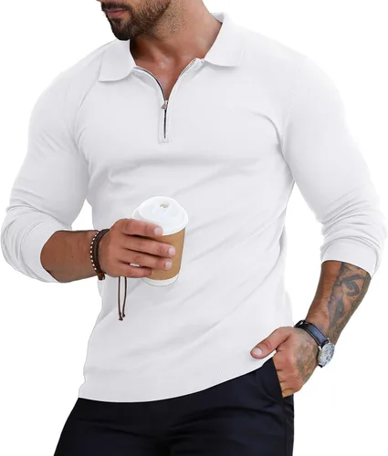 Vista 14 de RQP Camisas polo con cremallera para hombre, camisas casuales de punto de manga corta/larga, camisas de golf elásticas ajustadas, suéter suave