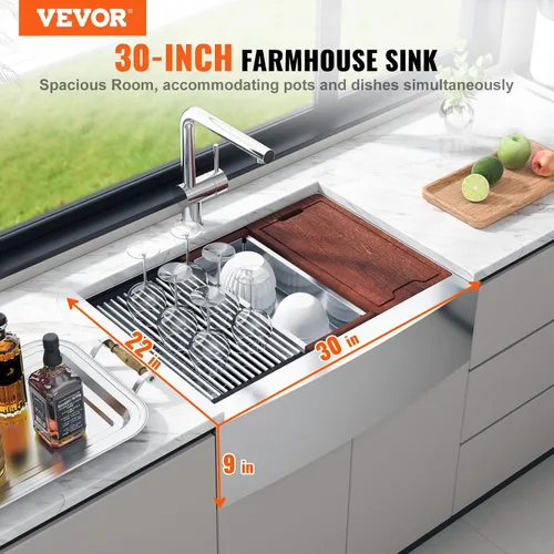 Vista 2 de VEVOR Fregadero de Cocina Farmhouse, Fregaderos de Sobreponer de Acero Inoxidable 304, Lavabo Individual de Montaje Superior con Reborde