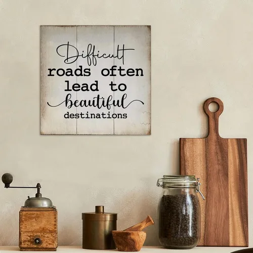 Vista 3 de Divertido letrero de madera para palet con texto en inglés "Difficult Roads Often to Beautiful Destinations", letreros de madera con refranes de 12