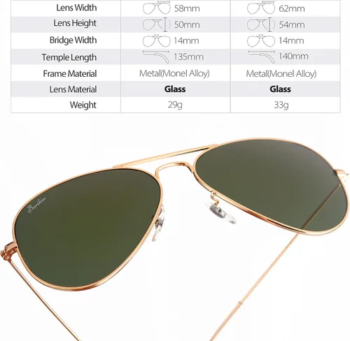 Vista 3 de Berikin Gafas de sol clásicas estilo aviador para hombres y mujeres, 100% protección UV400, 2.441in, lentes de cristal verde, marco de metal dorado