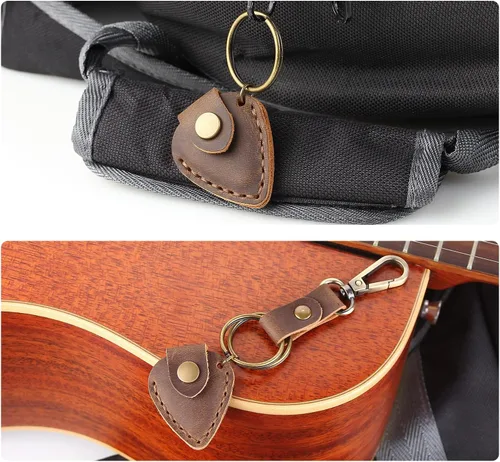 Vista 7 de Llavero con llavero, llavero de cuero hecho a mano para mujeres y hombres, organizador de llavero con funda para púas de guitarra
