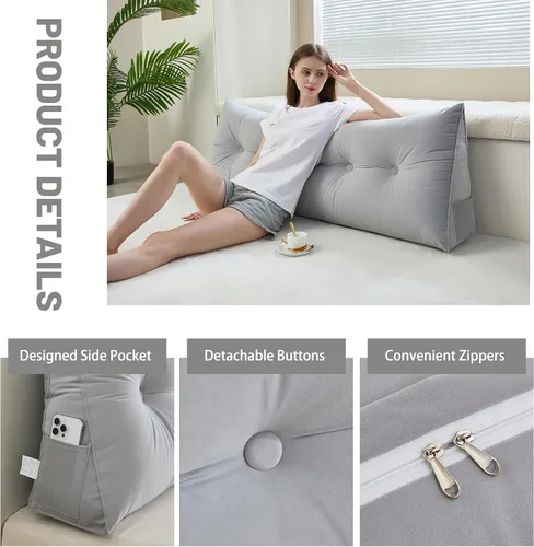 Vista 4 de Zelladorra Almohada de cabecera para cama, almohada triangular de cuña para colocar el cabecero mientras lees y descansas, cojín con funda lavable