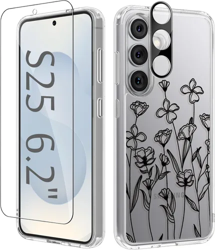 Vista 92 de GVIEWIN Funda protectora para Samsung Galaxy S25, transparente floral, delgada, a prueba de golpes, para mujer, no se pone amarilla, con protector