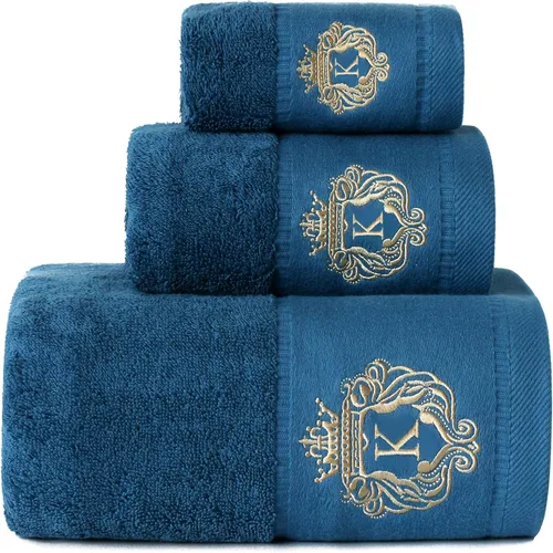 Vista 19 de Juego de toallas de baño de lujo súper suaves y altamente absorbentes de 100% algodón premium para regalos (Azul-A)