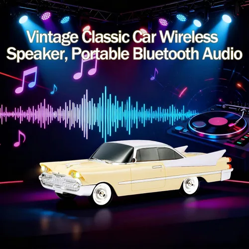 Vista 5 de WSTER WS-1965 Replica altavoz Bluetooth – Diseño retro de cohete coche, sonido HD, TWS, luces LED de fiesta, radio FM, reproducción USB/TF, Beige
