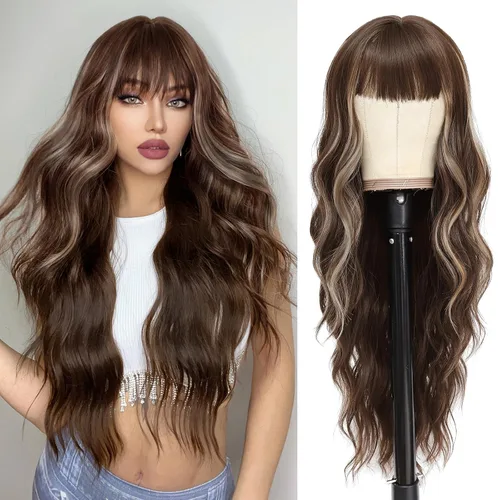Vista 30 de NAYOO Peluca larga ondulada rubia ombré para mujer, de 26 pulgadas, parte media, rizada, ondulada, de aspecto natural, fibra sintética resistente al