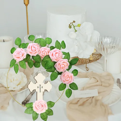 Vista 5 de LEIFIDE 40 piezas de decoración de primera comunión para bautismo, centros de mesa, decoración de la primera comunión con 8 anillos de aro florales