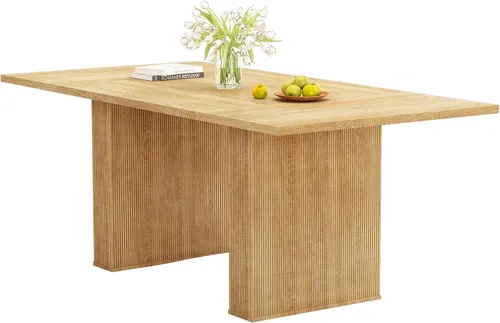 Vista 9 de QHITTY mesa de comedor acanalada de 78 pulgadas de madera para 6 a 10 personas, mesa larga rectangular de estilo campestre con base de tiras