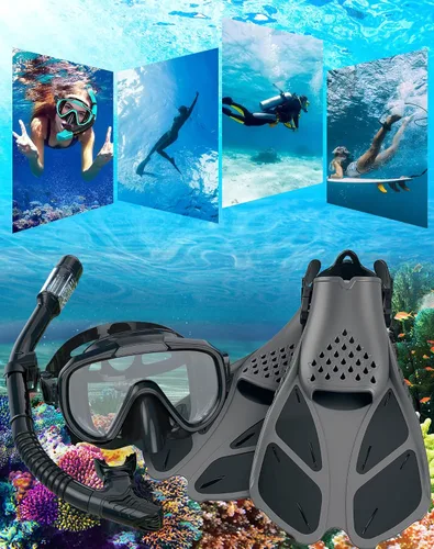 Vista 7 de Ubekezele Equipo de esnórquel para adultos, hombres y mujeres, juego de esnórquel 4 en 1 con máscara de buceo con vista panorámica, antivaho
