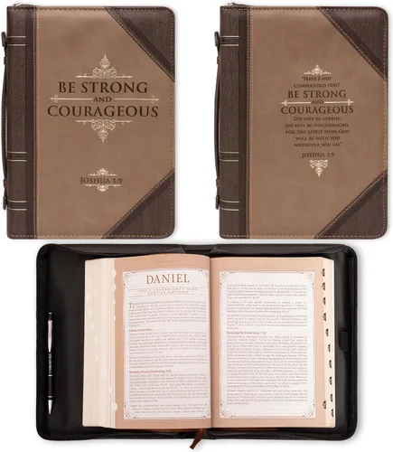 Vista 2 de Christian Art Gifts Funda clásica para la Biblia para hombre, Be Strong and Courageous, Joshua 1:9, piel sintética marrón, talla M