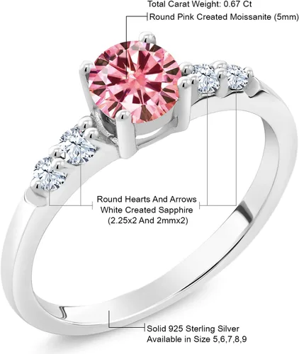 Vista 4 de Gem Stone King Anillo de compromiso de plata de ley 925 con moissanita rosa y zafiro blanco creado 0.67 quilates Anillo de compromiso