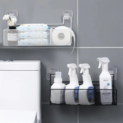 Vista 8 de Estantes de baño, organizador de baño de montaje en pared con 2 compartimentos, alambre de metal sin taladrar cesta organizadora para cuarto de Negro