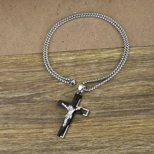 Vista 5 de YL Collar de cruz de acero inoxidable con colgante de crucifijo para hombre cadena Rolo de Jesucristo joyería de oración del Señor