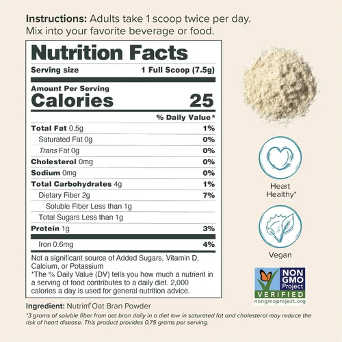 Vista 3 de Polvo de salvado de avena con 750 mg de beta glucano por porción, fibra soluble de fácil mezcla para el control del colesterol y el apoyo