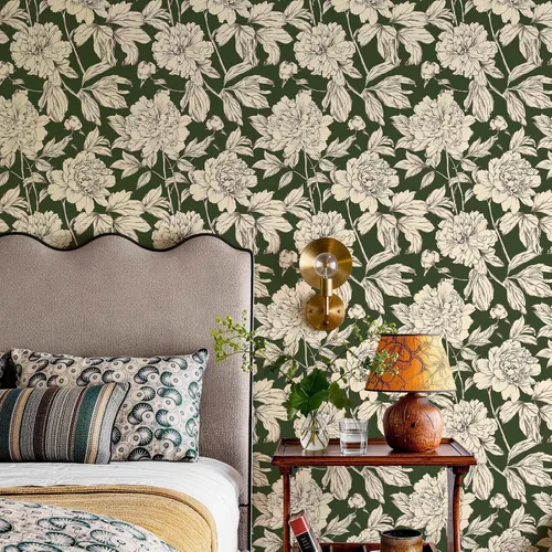 Vista 2 de Simon&Siff Papel Tapiz Lineal Floral, Papel Tapiz Blanco y Negro Despegar y Pegar Flores Boceto Papel de Pared Floral Removible para Dormitorio Baño