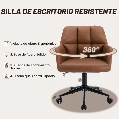 Vista 6 de HNY Silla de escritorio moderna de piel sintética, altura ajustable, cómoda silla giratoria de maquillaje con ruedas para sala de estar, computadora