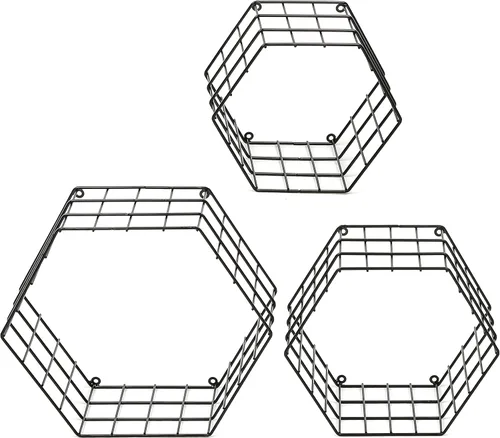 Vista 5 de Estante flotante de metal para montar en la pared con diseño hexagonal, pack de 3 unidades, negro.