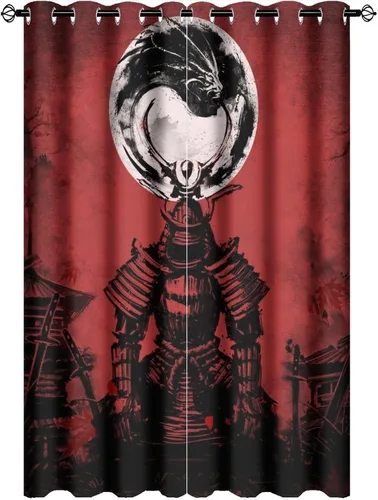 Vista 27 de Cortinas opacas abstractas japonesas samuráis para dormitorio, caballo samurái rústico, rojo, ojal, aislamiento térmico, cortinas de oscurecimiento