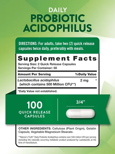 Vista 2 de Probióticos para hombres y mujeres Apoyo digestivo 500 millones de UFC 100 cápsulas Acidophilus Por Nature's Truth