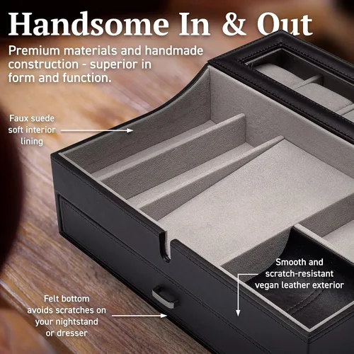 Vista 6 de Organizador de caja de valet para hombre, bandeja de valet grande de cuero para hombres, organizador de bandeja de valet para hombre con estación