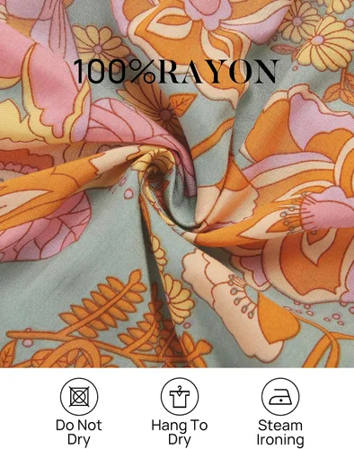 Vista 4 de ZESICA Vestido largo casual de verano para mujer, con estampado floral, manga corta con vuelo, cuello redondo, cintura alta fruncida