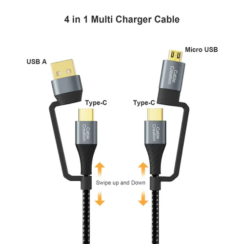 Vista 3 de CableCreation Cable de carga USB C de 6.6 pies, 4 en 1 Multi USB C a USB C, cable de carga rápida PD 3A Micro USB/Tipo C 480Mpbs de transferencia