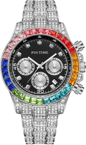 Vista 6 de Gosasa Reloj de pulsera para hombre y mujer, diseño de diamantes y esfera colorida, estilo hip hop, piedras de cristal de acero inoxidable