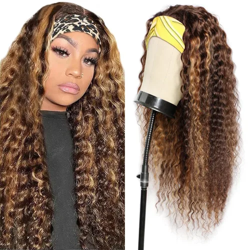 Vista 20 de Peluca de cabello humano con diadema de ondas profundas, sin pegamento, pelucas de cabello rizado sin encaje frontal, pelucas de cabello humano